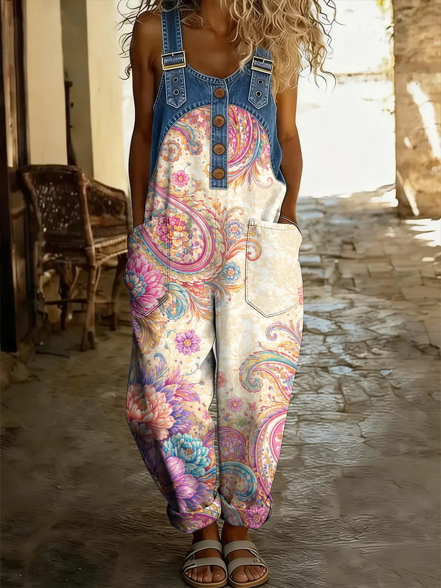 Women's Floral Art Print Washed Cotton Denim Patchwork Jumpsuit